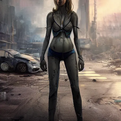 Prompt: a very detailed digital image of a futuristic woman in a post-apocalyptic city, extremely detailed woman, stunning volumetric lighting, hyper realism, fantasy 4k