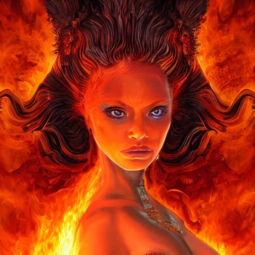 Prompt: A stunning portrait of a goddess with a body engulfed in flames by Jim Burns, 8K UHD, intricate, fantasy, Trending on artstation.