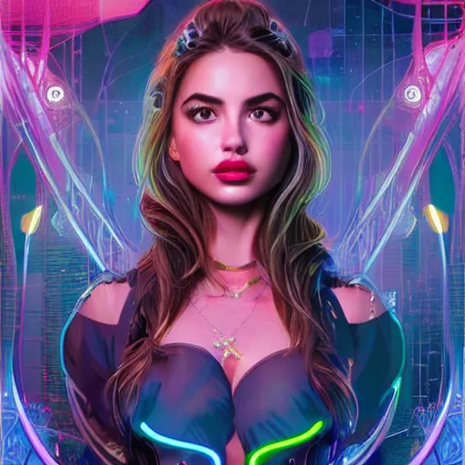 Image similar to sofia vergara portrait futuristic ana de armas cyberpunk cowgirl, neon light rooftop, fantasy, intricate and very very beautiful and elegant, highly detailed, digital painting, artstation, concept art, smooth and sharp focus, tight fit, illustration, art by tan zi and ayanamikodon and alphonse mucha and wlop