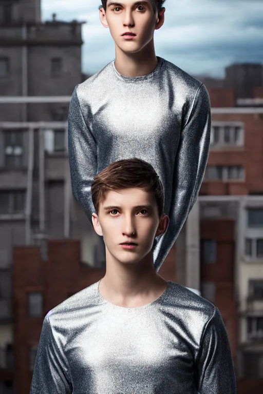 Image similar to un ultra high definition studio quality photographic art portrait of a young man standing on the rooftop of a british apartment building wearing soft padded silver pearlescent clothing. three point light. extremely detailed. golden ratio, ray tracing, volumetric light, shallow depth of field. set dressed.