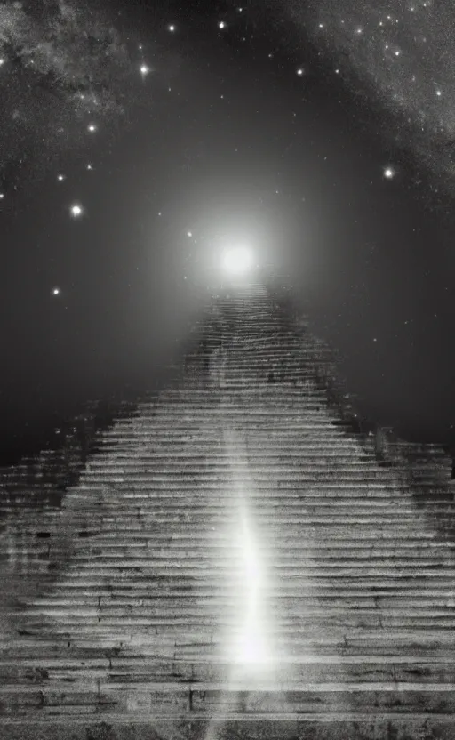 Image similar to a staircase heading to a black hole, dark scary figure standing at the top of the staircase