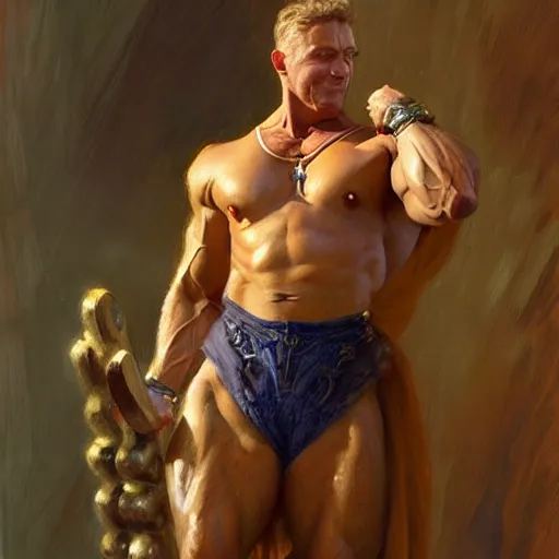 Prompt: stunning male bodybuilder master wizard, highly detailed painting by gaston bussiere, craig mullins, j. c. leyendecker, 8 k