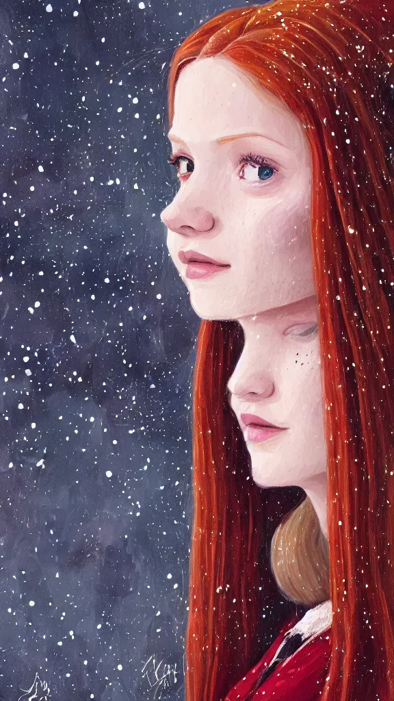 Prompt: a close - up portrait of ginny weasley, attending the yule ball. beautiful painting by jim kay. color harmony, 8 k detail, gallery quality, hd wallpaper, premium prints available, hyper - detailed, intricate design.
