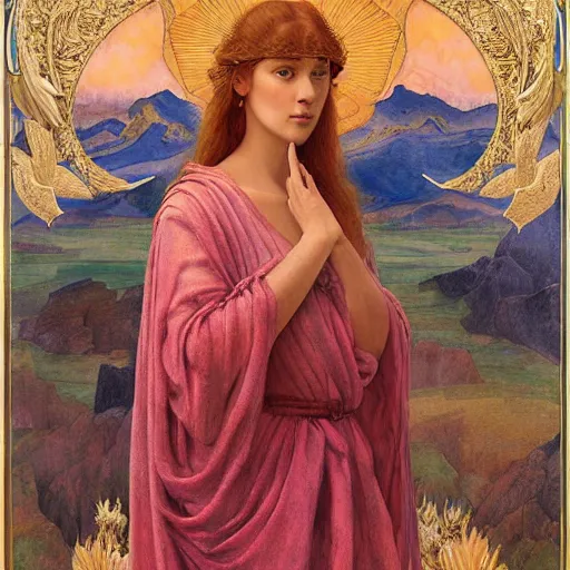 Image similar to princess of the dawn mountains, by annie swynnerton and charlie bowater and diego rivera and nicholas roerich and jean delville and evelyn de morgan, dramatic lighting, brocade robes, elaborate floral ornament, rich colors, smooth sharp focus, extremely detailed