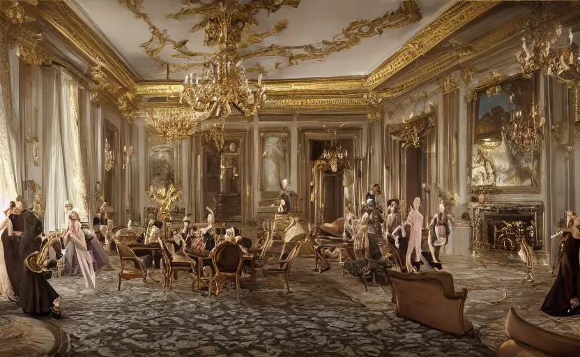 Image similar to realist rococo painting of a 1 9 2 0 s grand party in a beautiful mansion, many partygoers, strong contrast, unreal engine, hyper realism, realistic shading, cinematic composition, realistic render, octane render, detailed textures, photorealistic, ultrawide shot, 3 5 mm film