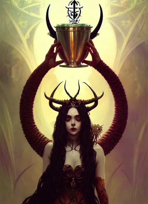 Prompt: a beautiful illustration of a satanic witch with horns in head holding a chalice, intricate, sharp focus, illustration, highly detailed, digital painting, concept art, matte, art by WLOP and Artgerm and Greg Rutkowski and Alphonse Mucha, masterpiece
