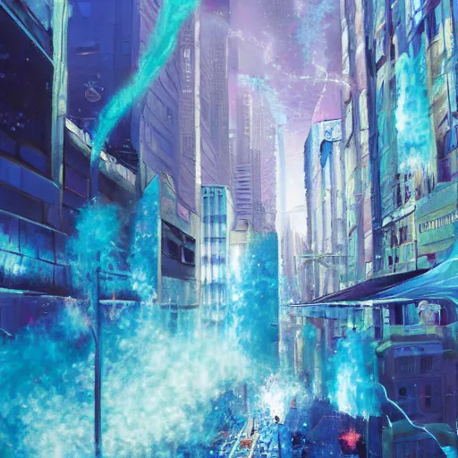 Prompt: Concept art of an urban city getting magically shredded into blue particles, trending on artstation, oil on canvas, vivid color, ultra detailed.