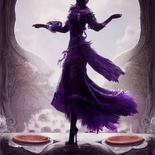 Prompt: picture generation, soft painting curiosities carnival, beautiful female anthropomorphic cat in full long dress, accurate features, focus, very intricate ultrafine details, black white purple volumetric clouds, award winning masterpiece, octane render 8 k hd, tom bagshaw artstyle
