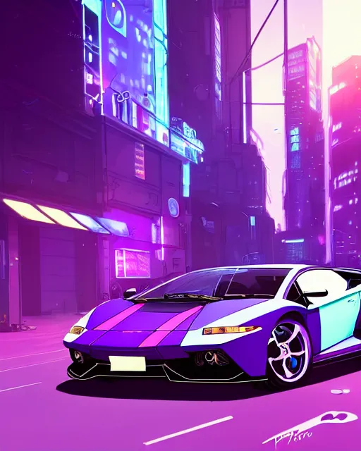 Image similar to digital illustration of cyberpunk pretty girl with blue hair, standing in front of a purple lamborghini, in city street at night, by makoto shinkai, ilya kuvshinov, lois van baarle, rossdraws, basquiat