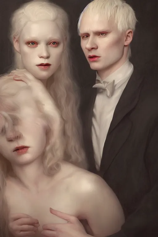 Image similar to a portrait of handsome young male albino Satan and his elegant beautiful albino wife, bored, illustration, dramatic lighting, soft details, painting oil on canvas, art nouveau, octane render, HDR, 4k, 8k, HD, by Edmund Blair Leighton, Brom, Charlie Bowater, trending on artstation, faces by Tom Bagshaw, Sargent