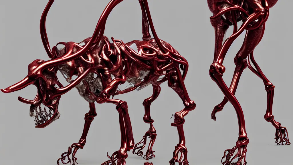 Prompt: stylized shiny polished silver statue full body bizarre extra limbs cosmic horror quadruped animal cow bovine skull four legs made of creature tendrils perfect symmetrical body perfect symmetrical face hyper realistic hyper detailed by johannen voss by michelangelo octane render blender 8 k displayed in pure white studio room anatomical deep red arteries veins flesh