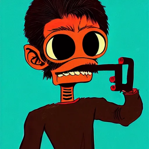 Image similar to a dark brown humanoid, hyper detailed, in the style of jamie hewlett and and jamie hewlett and jamie hewlett, selfie