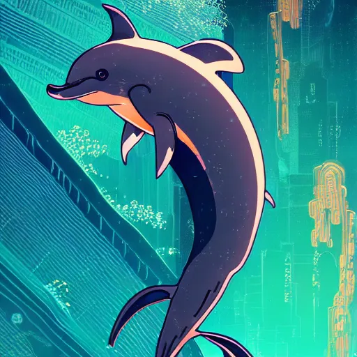 Image similar to a beautiful hyperdetailed character design 4 k wallpaper illustration of a cute dolphin, victo ngai cyberpunk style, from china, style of studio ghibli, makoto shinkai, raphael lacoste, louis comfort tiffany, artgerm, james jean, ross tran, chinese style