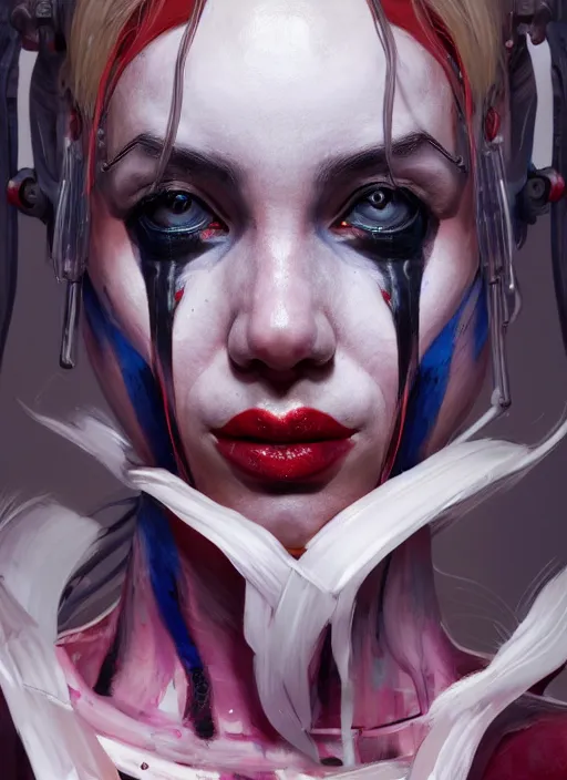 Image similar to biopunk portrait of harley quinn, au naturel, hyper detailed, digital art, trending in artstation, cinematic lighting, studio quality, smooth render, unreal engine 5 rendered, octane rendered, art style by klimt and nixeu and ian sprigger and wlop and krenz cushart