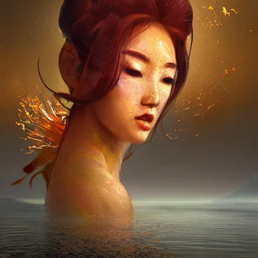 Image similar to semi semi realistic digital painting!! portrait of beautiful geisha flying over a lake filed with molten gold, volume lighting, concept art, by greg rutkowski, dramatic, xray melting colors!!