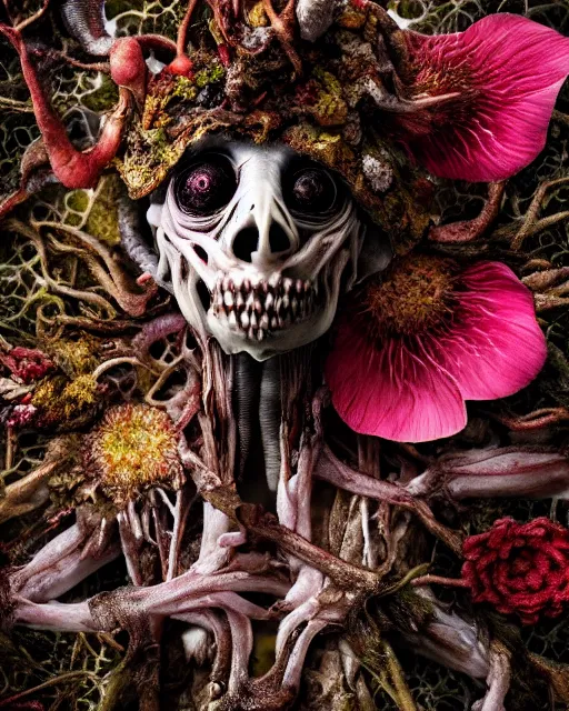 Image similar to a extremely disturbing horror photograph of a creature made out of rotten flowers and nature and fungus, intricate intertwining, hyperrealism, sharp focus, cinematography, highly detailed, octane render, horror cgi 4 k, matte, photograph by professional photographer