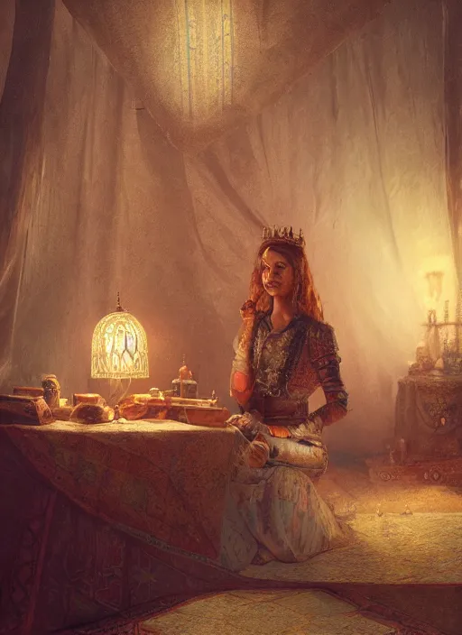 Prompt: portrait of queen commander in outpost tent, persian carpets, lamps, in the style of charles sillem lidderdale, in the style of greg rutkowski, artstation, high quality art