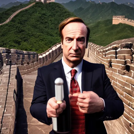 Image similar to saul goodman next to the great wall of china, hyper realistic, smooth lighting, mid shot