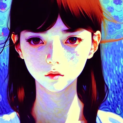 Image similar to a beautiful youth teenage depressed ocd psychotic loner girl in school struggling with morbid thoughts, angry eyes, soft skin, magnificent art by ilya kuvshinov, monet, range murata, artgerm, katsuhiro otomo, norman rockwell, highly detailed intricately sharp focus, bedroom eyes trending on pinterest vogue italia 3 5 mm, 4 k uhd image