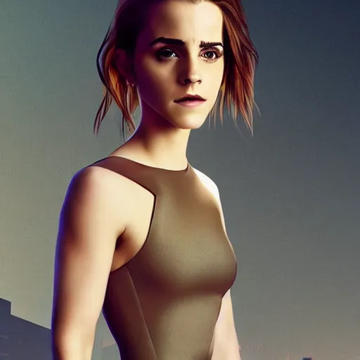 Image similar to Emma Watson full body shot, the background is a huge futuristic city, cyberpunk style futuristic neon lights, artstation cgsociety masterpiece highly-detailed