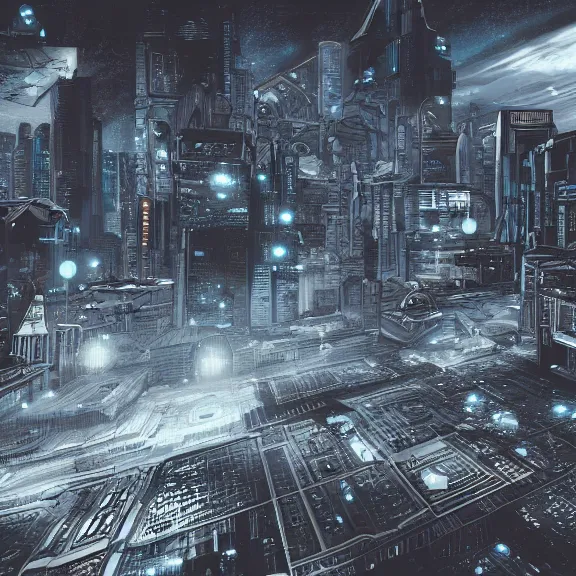 Prompt: a matte drawing of a cyberpunk city planet, highly detailed surface, taken from outer space. Circuitboard-like designed planet. Digital art, space art.