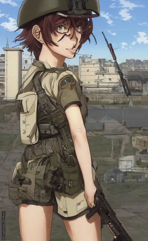 Prompt: portrait of a female soldier, highly detailed, high resolution, military camp in the background, full color manga visual style, illustration, stunning, girls frontline style, bokeh soft, matte, 100mm, by professional photographer, hayao miyazaki, ilya kuvshinov, alphonse mucha, studio mappa, realistic human anatomy, realistic military carrier, modern warfare, realistic weapon, shot with a arriflex 35 ii, low saturation, small eyes