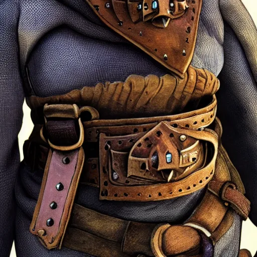 Image similar to close-up of medieval bags attached to belt, small bags made of cotton, detail, fantasy, style of Frank Frazetta, concept art, trending on artstation, Dungeon and Dragons