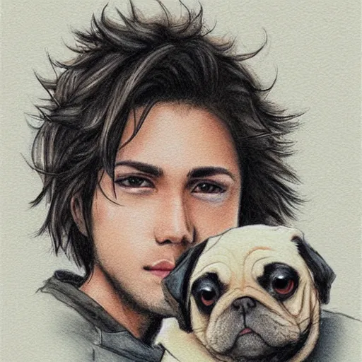 Image similar to self portrait, young white hispanic handsome man with short light brown hair and light skin holding a pug for a picture, pencil art, added detail, high definiton, colored, backfacing, by yoji shinkawa