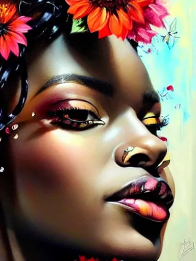 Image similar to portrait of a gorgeous black woman with a floral background : : painted by artgerm, karol bak, artur bordalo, sandra chevrier : : portrait, character, illustration, hyperrealism, photorealism