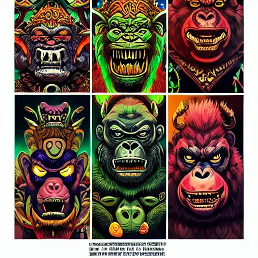 Prompt: barong family, wiwek, mara demon, one single tribe member, jungle, one single mask, dark, ancient warrior, stupid silly dumb gorilla moron, fat lizard, tribal, inner glow, art by dan mumford and justin gerard