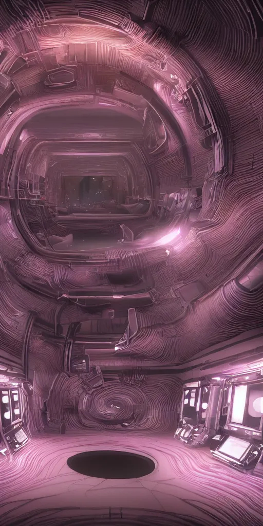 Image similar to a photorealistic futuristic 3D room with four walls covered with glowing CRT computer monitors embedded into the wall surrounded by fuzzy pipe cleaners with a swirling black hole forming in the floor, Trending on artstation, cinematic lighting from the right, hyper realism, octane render, 8k, depth of field, 3D