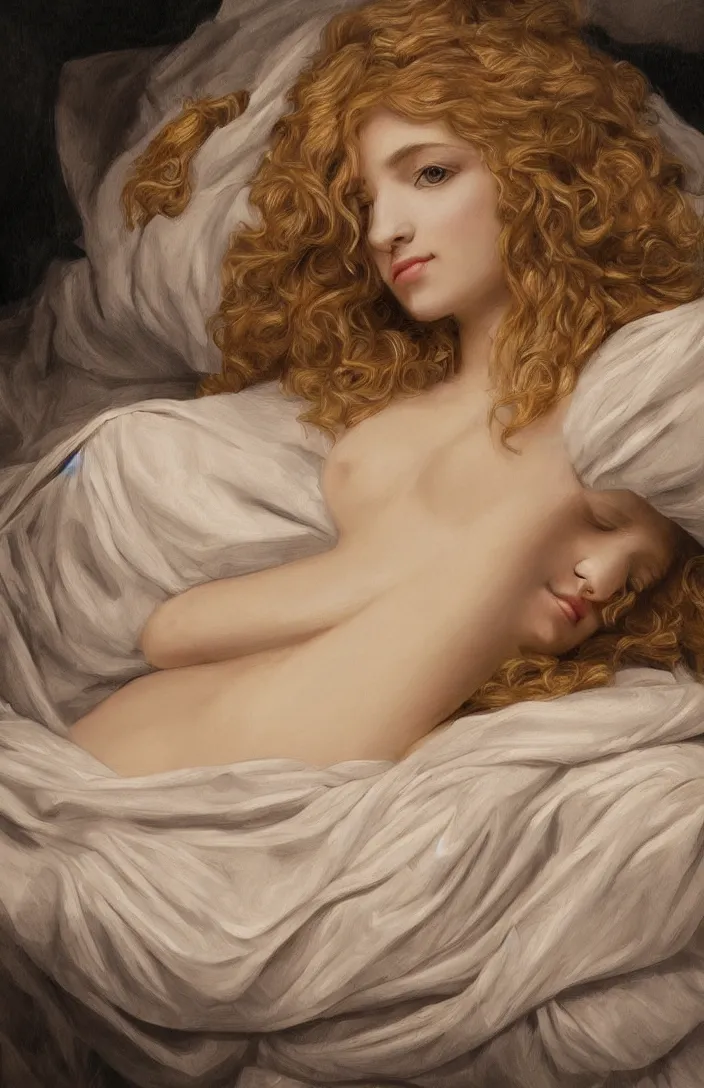 Prompt: expressive painting of a woman with long curly blonde hair lying on sheets, ofuscate light, intricate, captivating eyes, delicate, classicism style, intricate details, digital art, portrait, 8 k resolution