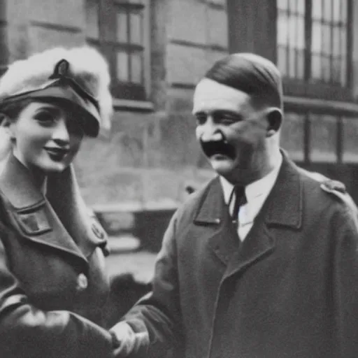 Prompt: monochrome vintage photograph of ariana grande and adolf hitler shaking hands in berlin, 8 k, very detailed, very intricate,