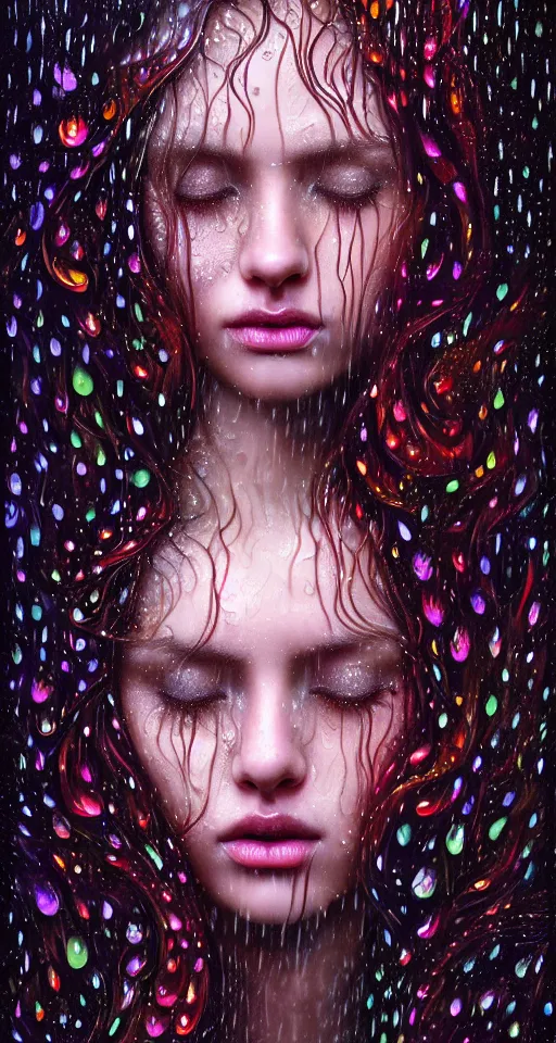 Image similar to portrait of a girl in psychedelic LSD rain with wet hair and face, fantasy, intricate, elegant, dramatic lighting, emotionally evoking symbolic metaphor, highly detailed, lifelike, photorealistic, digital painting, artstation, concept art, smooth, sharp focus, illustration, art by John Collier and Albert Aublet and Krenz Cushart and Artem Demura and Alphonse Mucha