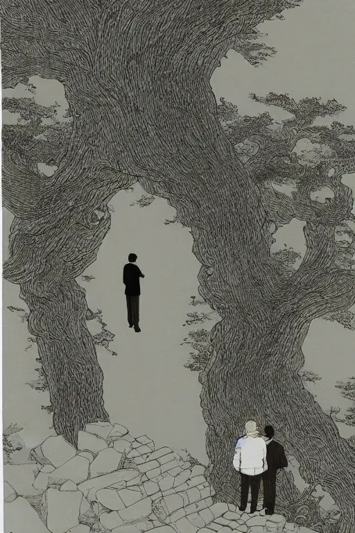 Image similar to tatsuki fujimoto illustration, two men standing at the edge of reality, dynamic perspective, intricate scenery, y 2 k, unknown