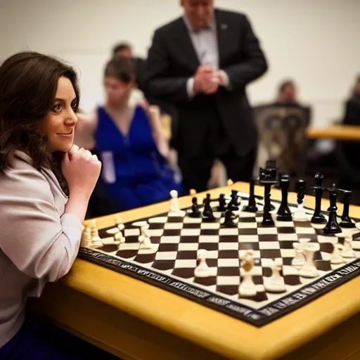 Prompt: actress rachel bloom playing chess against president george w. bush, 4 th game of world chess championship 2 0 1 4, digital photograph dslr