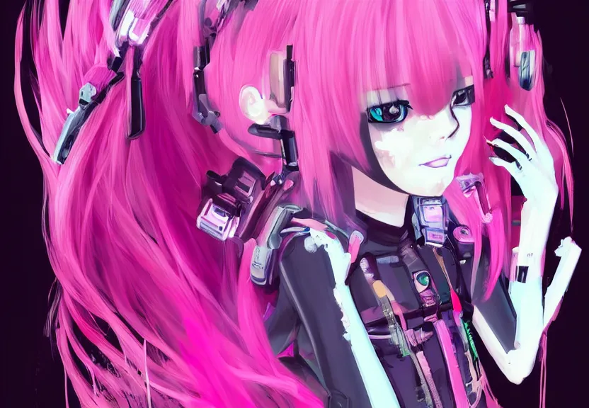 Image similar to little android girl with eccentric pink haircut wearing dress made by black feather, cyberpunk, anime style artwork, dark, neon, anatomically perfect