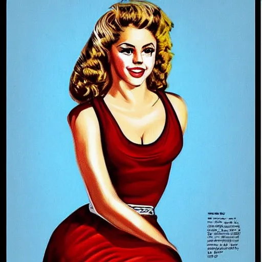 Prompt: “Shakira portrait, color vintage magazine illustration 1950”