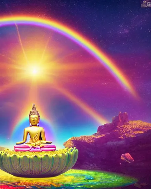 Prompt: the most beautiful star system, sky full of brightly coloured starts, inside of an expansive cave, green tara buddha with a crown of rainbow clouds, floating above a clear mirrored lake, coherent design, symmetrical, vivid color, complementary color, golden ratio, detailed, sharp lines, intricate, rainbowshift, by in unreal engine, nvidia, octane render