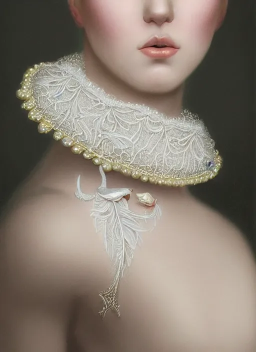 Prompt: high intricate porcelain baroque stunning woman, lace collar, string of pearls, bird feathers, 8 k, glitter skin very white hyperrealistic hyperdetailed pastel, maria panfilova, andrea savchenko, sensual mike kime, ludovic plouffe, qi sheng luo, oliver cook, trending on artstation