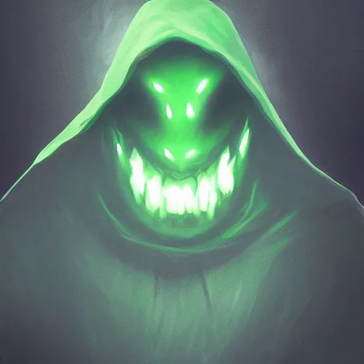 Image similar to award - winning. trending on artstation. 4 k. eerie tone. a shadowy figure wearing a green hooded cape with many blue glowing eyes on its face and an open maw on its chest.