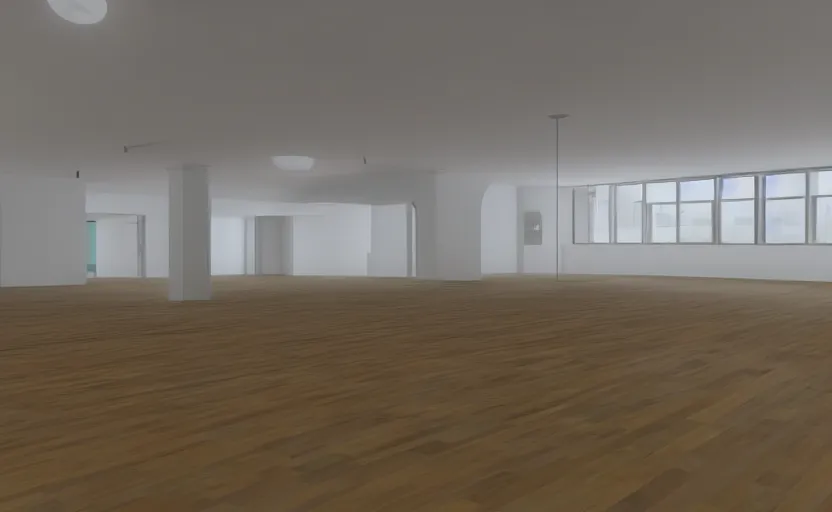 Prompt: empty room, open floor, large random with colourful 3 d objects, unreal engine and v - ray render.