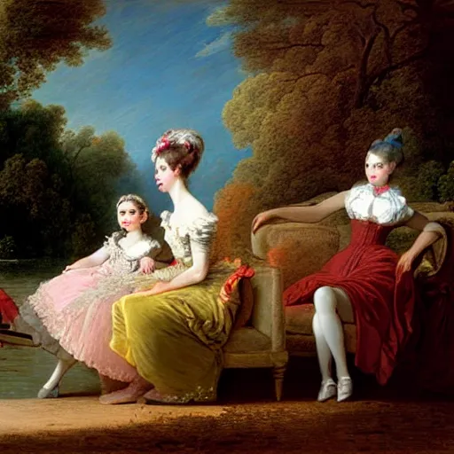 Image similar to dreadful by jean - honore fragonard pride prejudice. the conceptual art of a group of well - dressed women & children enjoying a leisurely boat ride on a calm day. the women are chatting & laughing while the children play with a toy boat in the foreground.