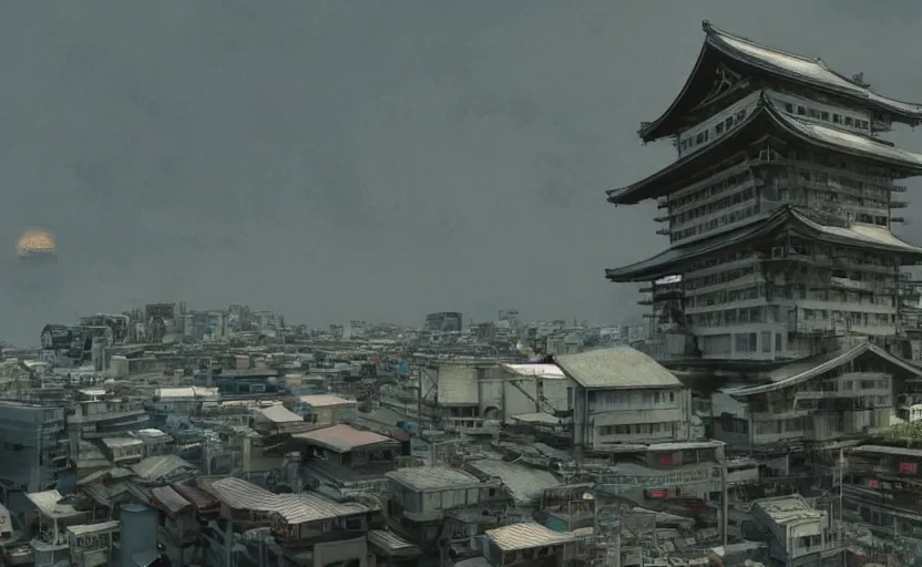 Image similar to a large building on the coast of japan. in the style of gits mamoru oshii.