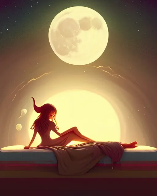 Image similar to beautiful painting of a elven sleeping on her bed with a smiling moon over her, art by mike winkelmann and by petros afshar, sky night, illustration, highly detailed, simple, smooth and clean vector curves, no jagged lines, vector art, smooth, artstation