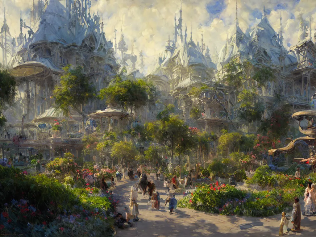 Prompt: impressionist brushstrokes!!!! solomon joseph solomon and richard schmid and jeremy lipking victorian loose genre loose painting of a busy elaborate ornate outdoor sci - fi park, cinematic, shadows, partly cloudy day, 4 k, detailed, by ( ( ( zaha hadid and beeple ) ) )