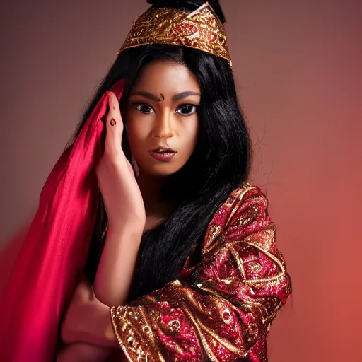 Prompt: aesthetic!!!!!! Female genie in Arabic clothing, black skin, long black hair, red tint, frontal pose, cinematic lighting, silk, fabric, full-length view, XF IQ4, f/1.4, ISO 200, 1/160s, 8K, RAW, unedited, symmetrical balance, in-frame, Facial Retouch, depth of field, vibrant.
