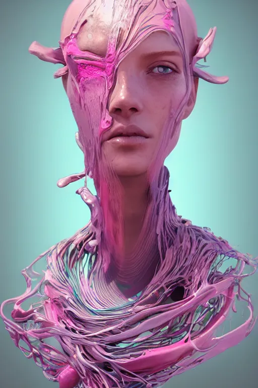 Prompt: epic 3 d abstract model, liquid headdress, 2 0 mm, with pastel pink and cerulean peanut butter, melting smoothly into other faces, liquid, delicate, beautiful, intricate, houdini sidefx, trending on artstation, by jeremy mann and ilya kuvshinov, jamie hewlett and ayami kojima
