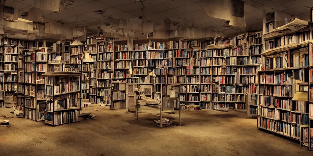 Prompt: eerie abandoned bookstore in the mall at night, scattered books, dramatic lighting, award - winning anime digital art