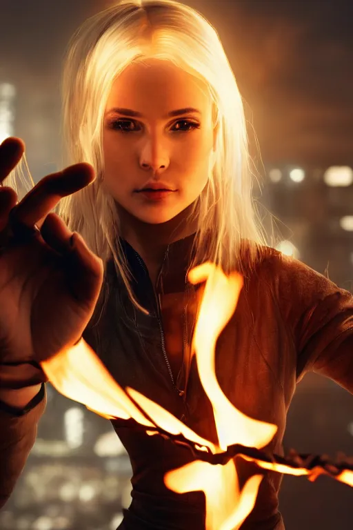 Prompt: young blond woman playing with fire in the palm of her hand, cyberpunk, realistic, high definition, many details, dramatic scene, symmetrical face, realistic eyes, unreal engine art 5